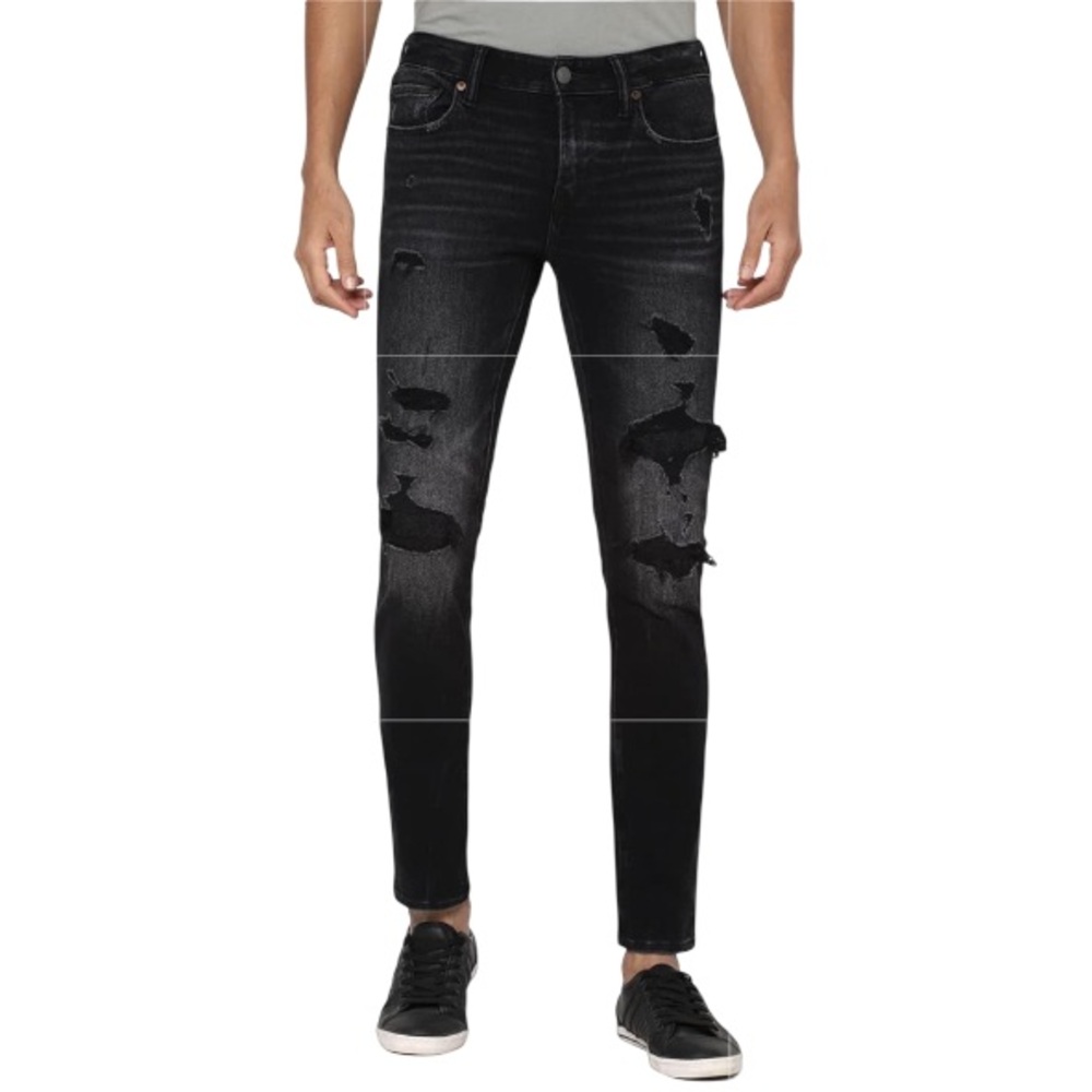 American Eagle Patched Black Skinny Jeans 33x34 Airflex 360 Ankle Stretch Denim